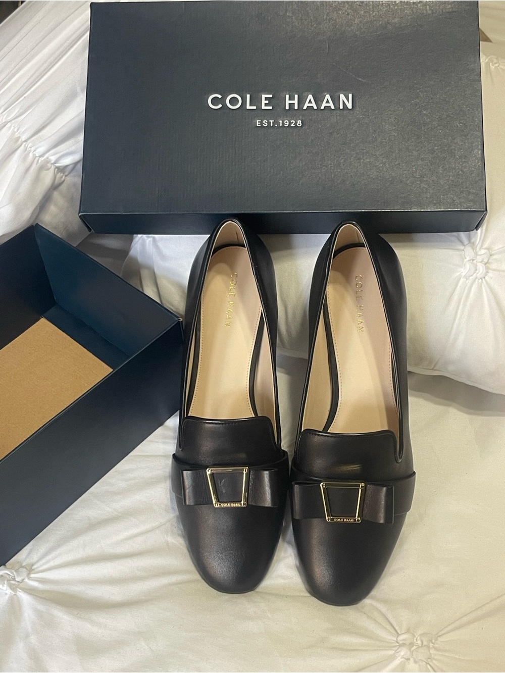 Cole Haan Black Leather Loafers with Bow and Gold Buckle